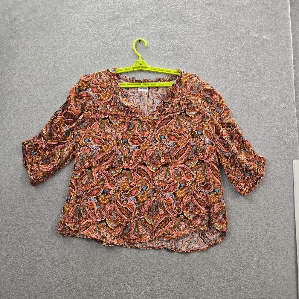 Democracy Women Blouse 2X Brown Paisley Boho Ruffle Scoop Neck Pullover